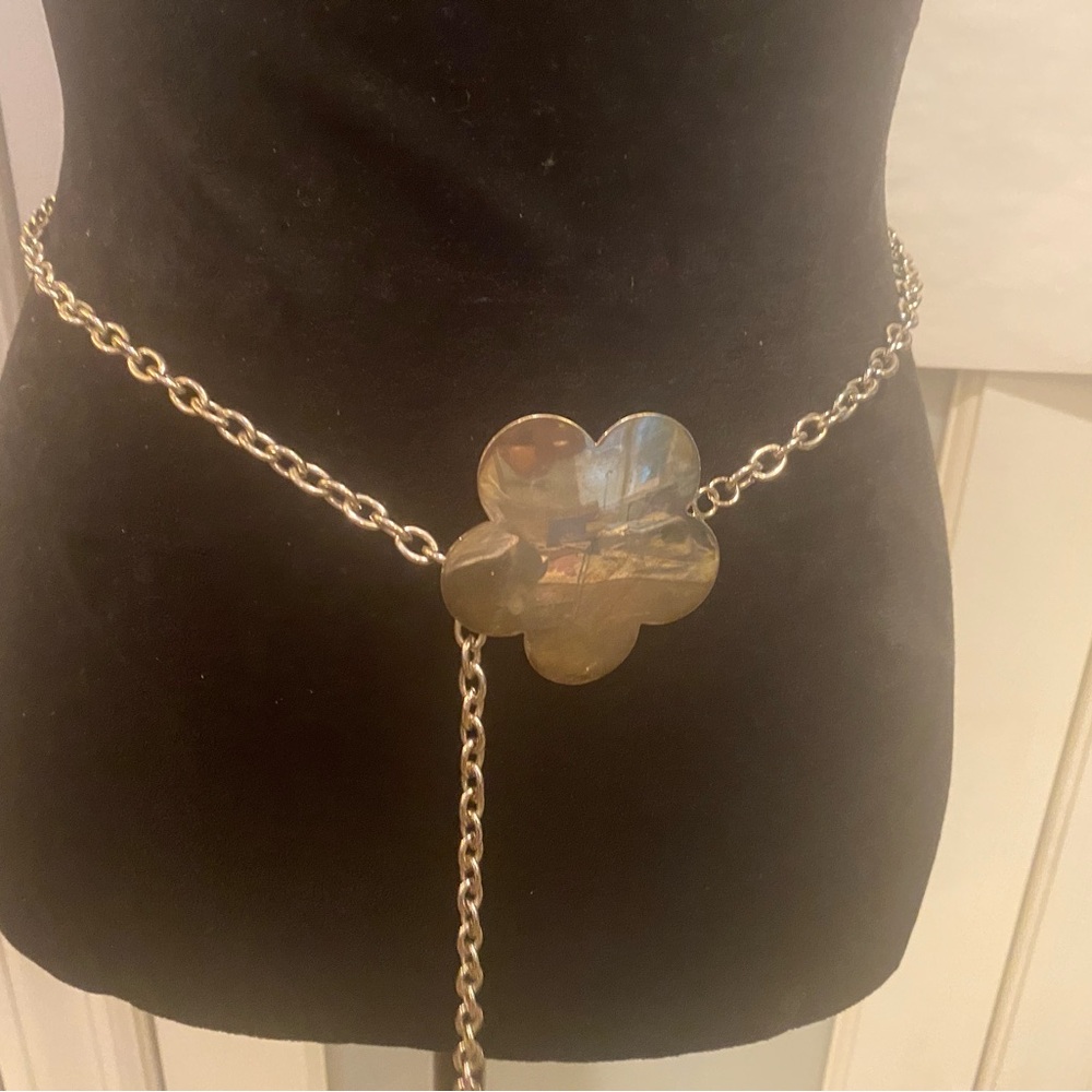 Silver Metallic Flower Skinny Chain Belt 30” L